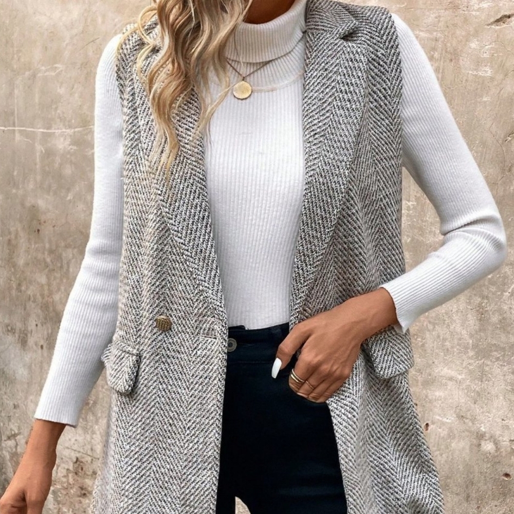 Coffee Brown Preppy Womens Herringbone Print Double Button Tweed Vest Blazer - Picture 1 of 5